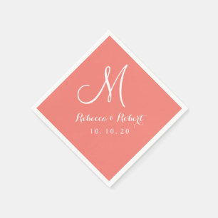 Serviettes En Papier Élégant Coral rose et blanc Papier Monogramme Napk