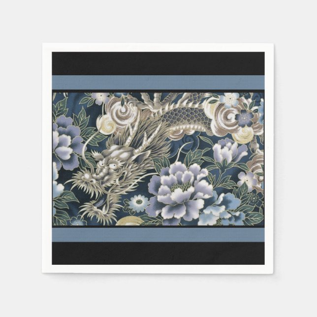 Serviettes En Papier Élégant Dragon asiatique motifs floraux serviettes (Devant)