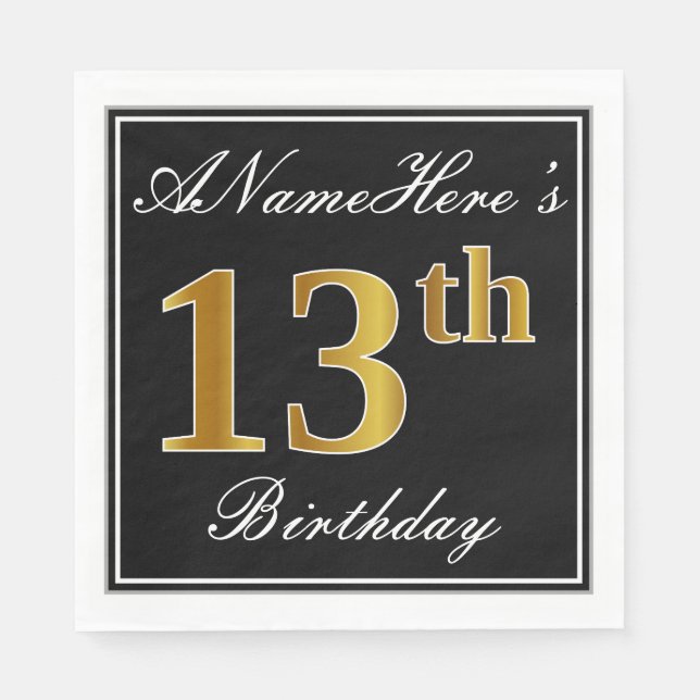 Serviettes En Papier Elégant, Faux Gold 13ème anniversaire + Nom person (Devant)