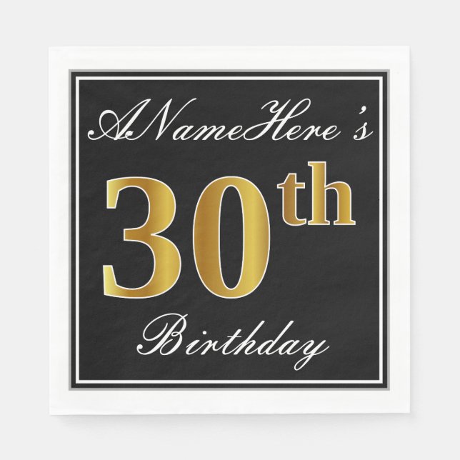 Serviettes En Papier Elégant, Faux Gold 30e anniversaire + Nom personna (Devant)