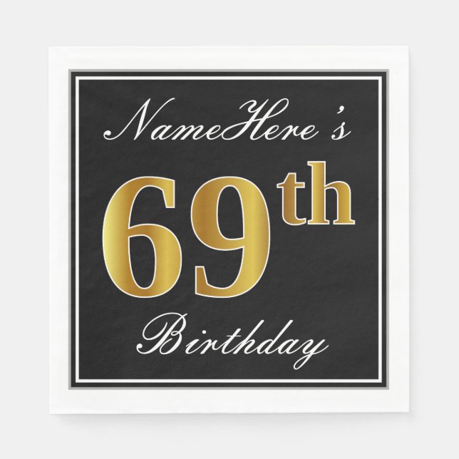 Serviettes En Papier Elégant, Faux Gold 69e anniversaire + Nom personna (Devant)