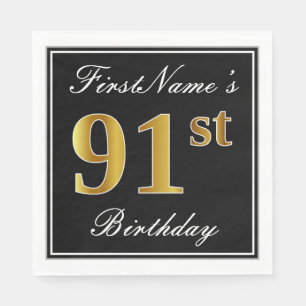 Serviettes En Papier Élégant, Faux Or 91e Anniversaire + Nom Personnali