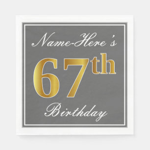 Serviettes En Papier Elégant Grey, Faux Gold 67e anniversaire; Nom pers