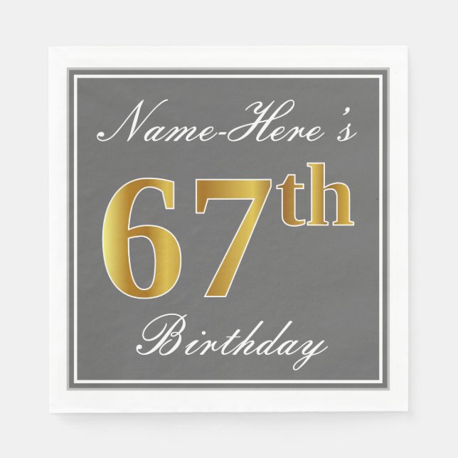 Serviettes En Papier Elégant Grey, Faux Gold 67e anniversaire; Nom pers (Devant)