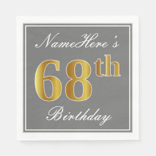 Serviettes En Papier Elégant Grey, Faux Gold 68e anniversaire; Nom pers