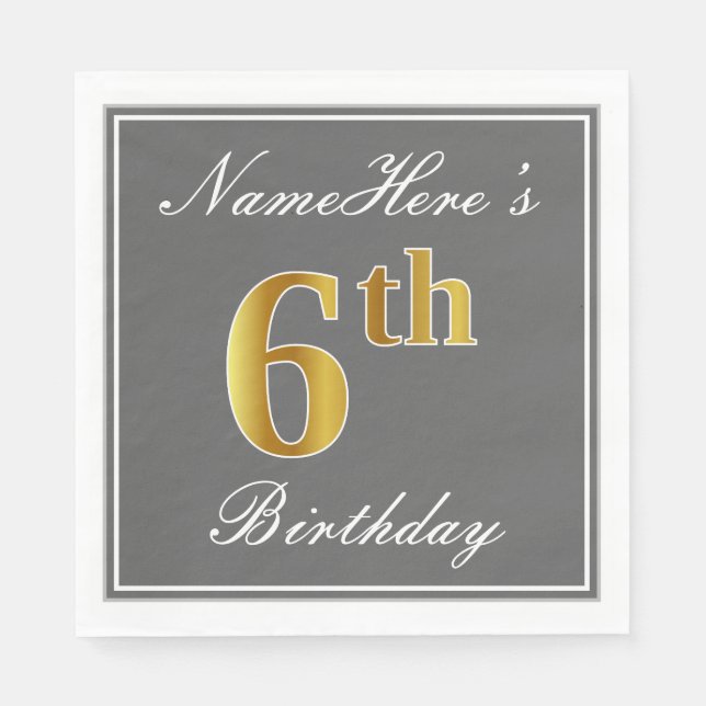 Serviettes En Papier Elégant Grey, Faux Gold 6e anniversaire + Nom pers (Devant)