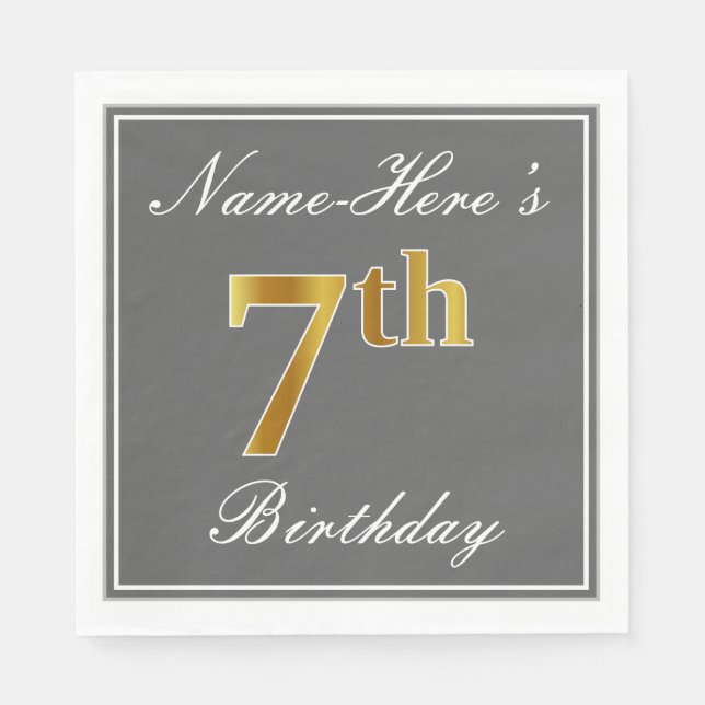 Serviettes En Papier Elégant Grey, Faux Gold 7e Anniversaire + Nom pers (Devant)
