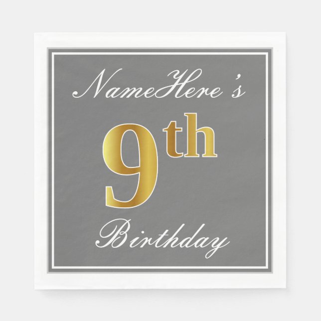 Serviettes En Papier Elegant Grey, Faux Gold 9e Anniversaire + Nom pers (Devant)