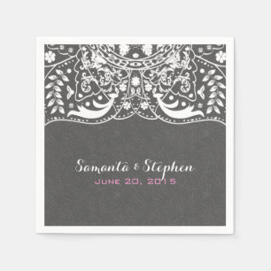 Serviettes En Papier Elégant Gris Damas Blanc Vintage dentelle