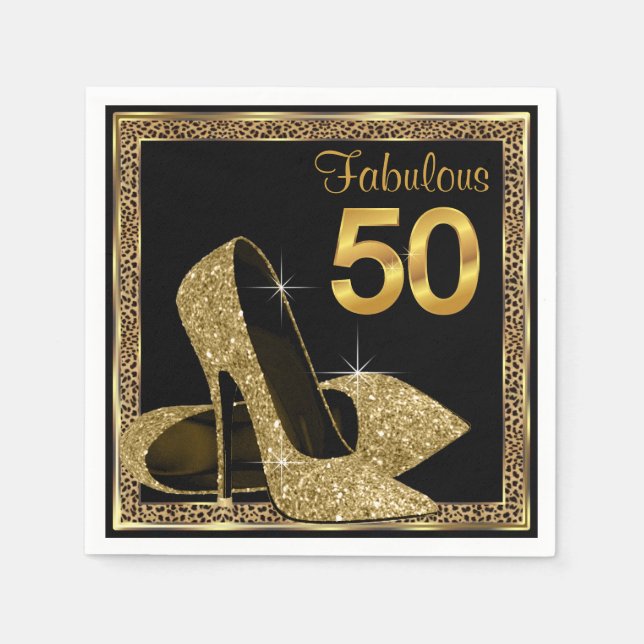 Serviettes En Papier Elégant Leopard Gold High Heel 50e fête d'annivers (Devant)