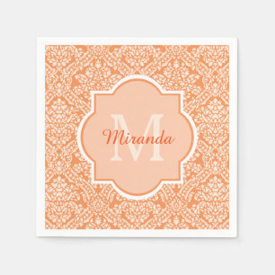 Serviettes En Papier Élégant motif de Damas orange Monogramme et nom