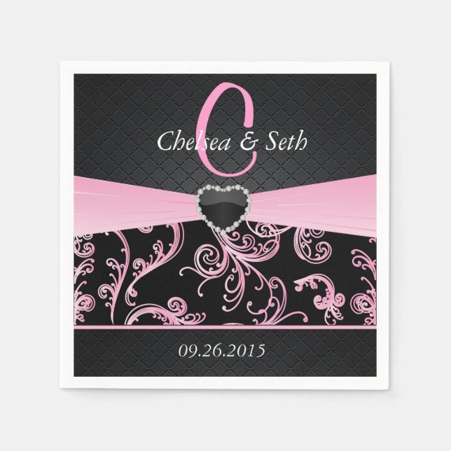Serviettes En Papier Élégant motif floral noir et rose (Devant)