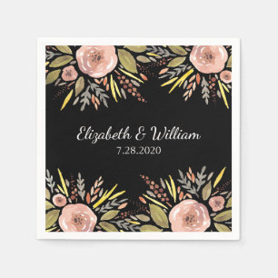 Serviettes En Papier Elégant noir et Rose aquarelle Mariage floral