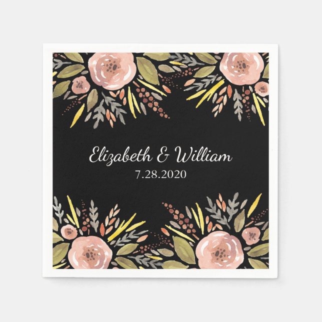Serviettes En Papier Elégant noir et Rose aquarelle Mariage floral (Devant)