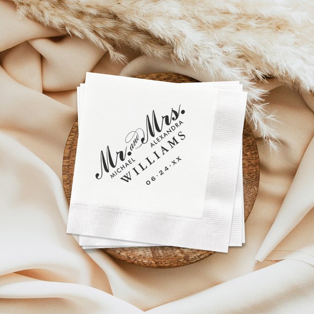 Serviettes En Papier Élégant Noir M. et Mme Monogramme de mariage perso (Créateur téléchargé)