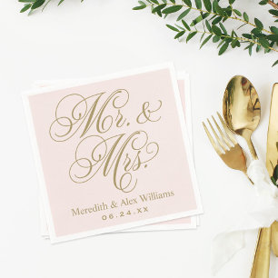 Serviettes En Papier Elegant Pink Gold Mr et Mme Script Monogram