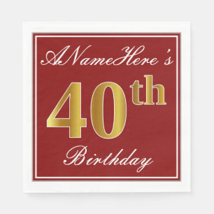Serviettes En Papier Elégant Rouge, Faux Gold 40e Anniversaire + Nom pe