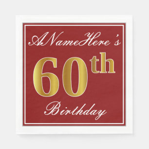 Serviettes En Papier Elégant Rouge, Faux Gold 60e Anniversaire + Nom pe