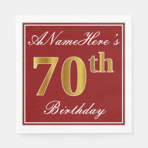 Serviettes En Papier Elégant Rouge, Faux Gold 70e Anniversaire + Nom pe