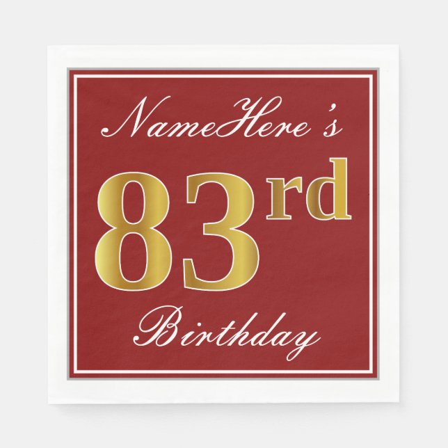 Serviettes En Papier Elégant Rouge, Faux Gold 83ème Anniversaire + Nom  (Devant)