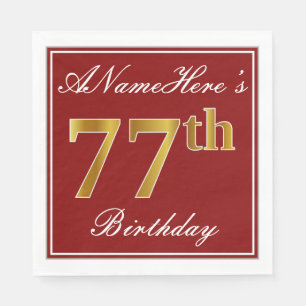 Serviettes En Papier Elégant Rouge, Faux Or 77ème Anniversaire + Nom pe