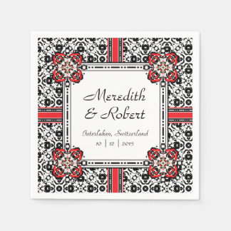 Serviettes En Papier Elégant Rouge, Noir, Blanc Folk Mariage damassé