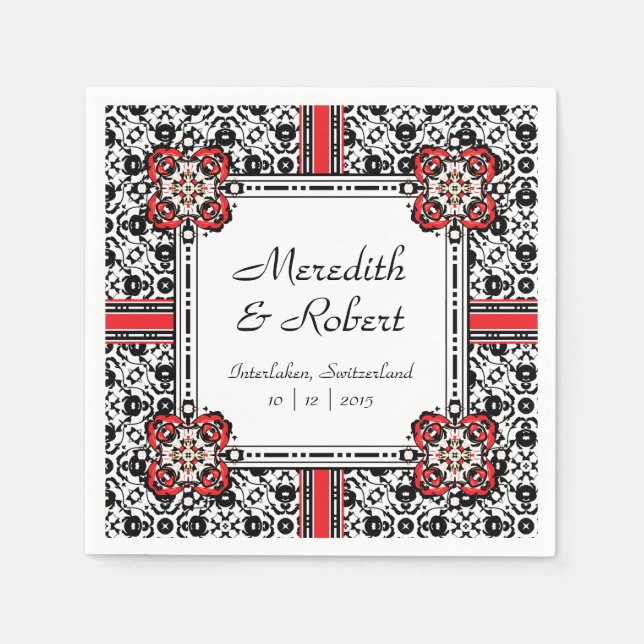 Serviettes En Papier Elégant Rouge, Noir, Blanc Folk Mariage damassé (Devant)