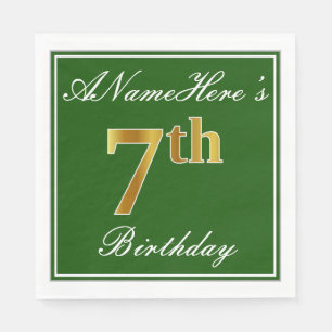 Serviettes En Papier Elégant Vert, Faux Or 7ème Anniversaire ; Nom pers
