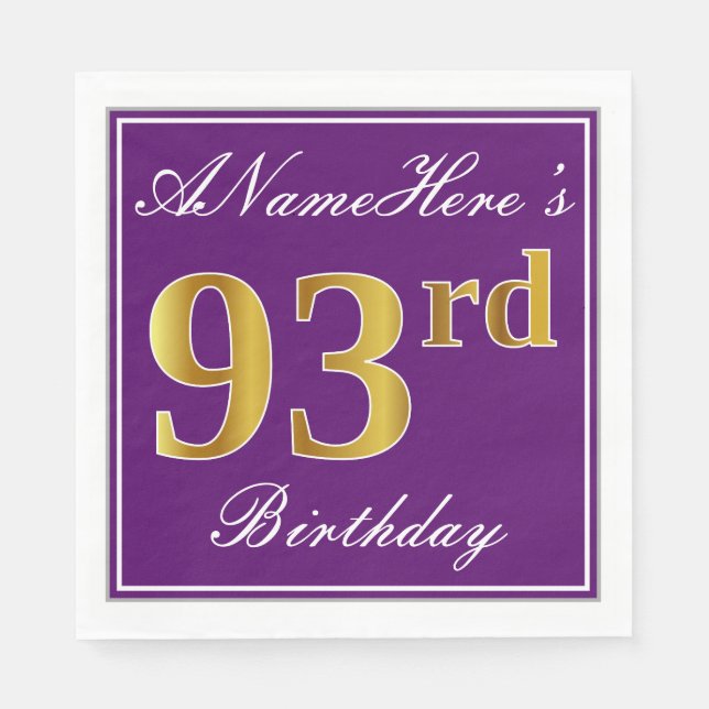 Serviettes En Papier Elégant violet, Faux Gold 93ème anniversaire + Nom (Devant)