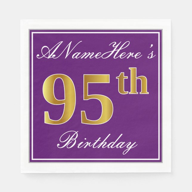 Serviettes En Papier Elégant violet, Faux Gold 95ème anniversaire + Nom (Devant)