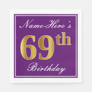 Serviettes En Papier Élégant violet, Faux Or 69ème anniversaire + Nom