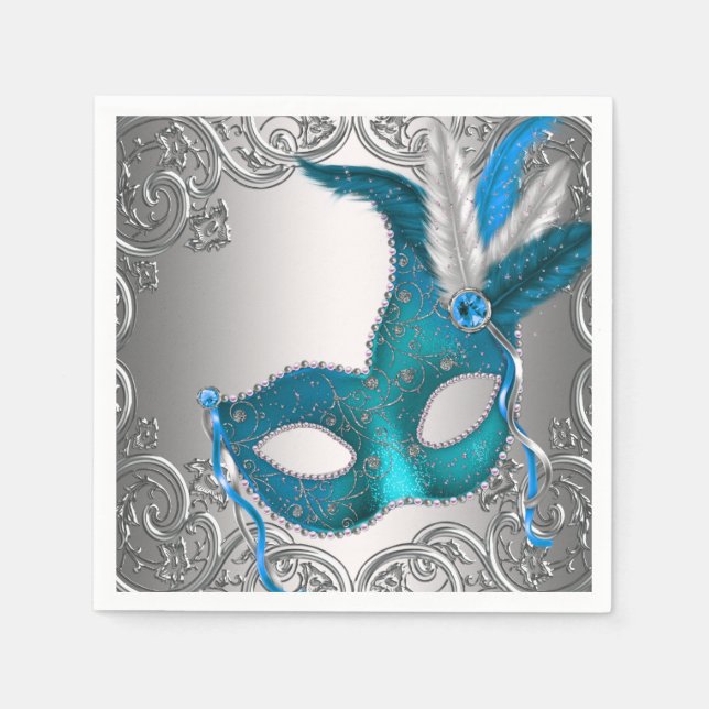 Serviettes En Papier Elégante Soie et Turquoise Mascarade bleue (Devant)