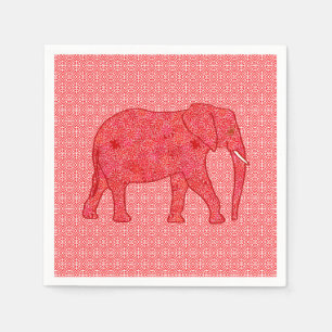 Serviettes En Papier Eléphant de fleurs - rouge profond et corail