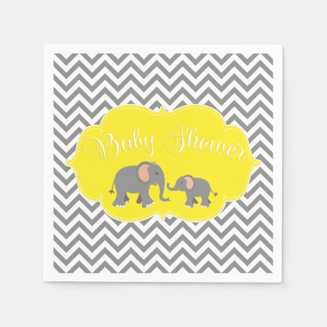 Serviettes En Papier Eléphant moderne Chevron Baby shower gris jaune (Devant)
