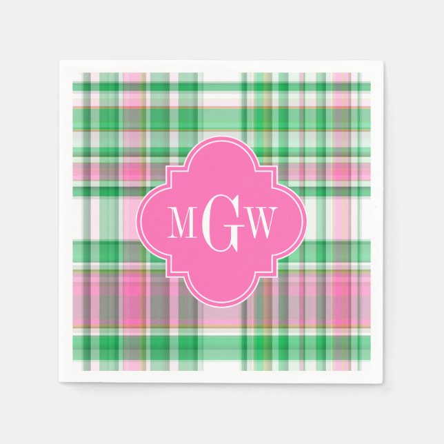 Serviettes En Papier Emerald Green Hot Pink Wht Preppy Madras (Devant)