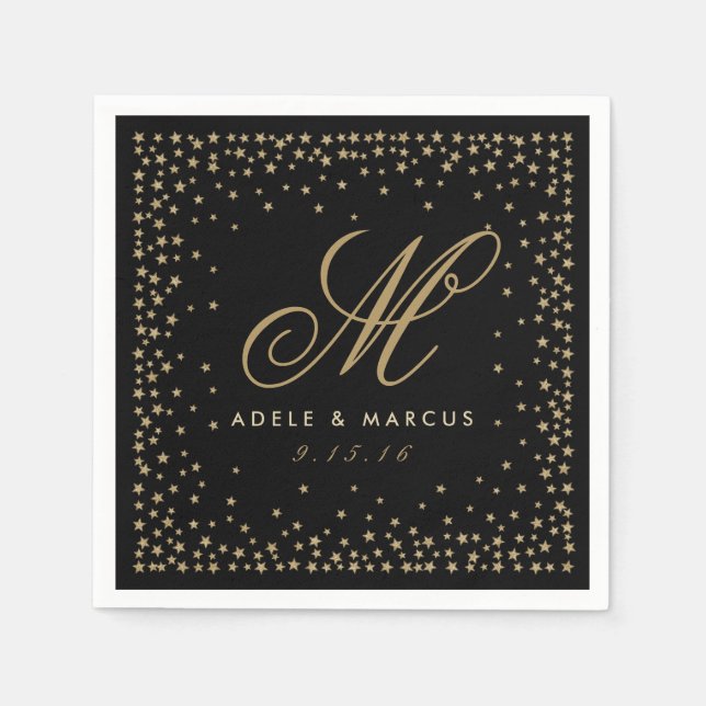 Serviettes En Papier Fancy Gold Stars Monogramme Mariage noir serviette (Devant)