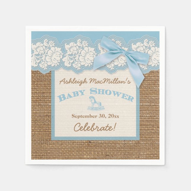 Serviettes En Papier FAUX Burlap en dentelle d'ivoire, Baby shower bleu (Devant)