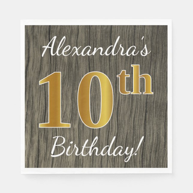 Serviettes En Papier Faux Wood, Faux Gold 10e anniversaire + Nom person (Devant)