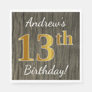 Serviettes En Papier Faux Wood, Faux Gold 13e anniversaire + Nom person