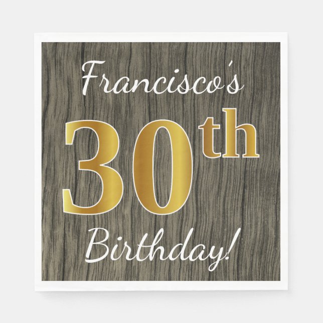 Serviettes En Papier Faux Wood, Faux Gold 30e anniversaire + Nom person (Devant)