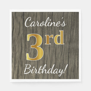 Serviettes En Papier Faux Wood, Faux Gold 3e anniversaire + Nom personn