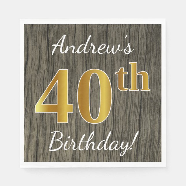 Serviettes En Papier Faux Wood, Faux Gold 40e anniversaire + Nom person (Devant)