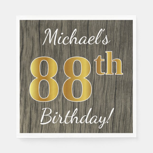 Serviettes En Papier Faux Wood, Faux Gold 88e anniversaire + Nom person (Devant)