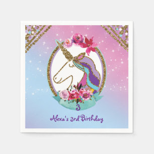 Serviettes En Papier Fête d'anniversaire licorne magique rose or violet