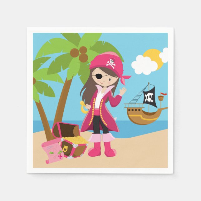 Serviettes En Papier Fête d'anniversaire Pirate Rose (Devant)