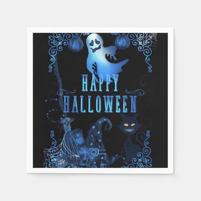 Serviettes En Papier Fête d'Halloween magique Noir Chat Bleu Lumière (Devant)