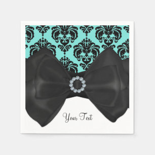 Serviettes En Papier Fête Douce 16 Bling Bow Glam Damassé Noir et Bleu