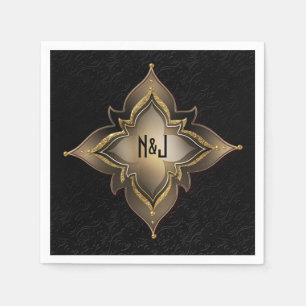 Serviettes En Papier Fête Fleur Exotique Chic Noir et Or