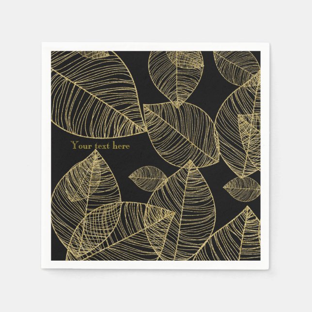Serviettes En Papier Feuilles d'or sur Black Elegant Wedding Party (Devant)