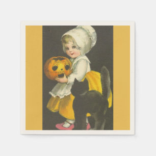 Serviettes En Papier Fille, Citrouille, Chat Vintage Halloween serviett